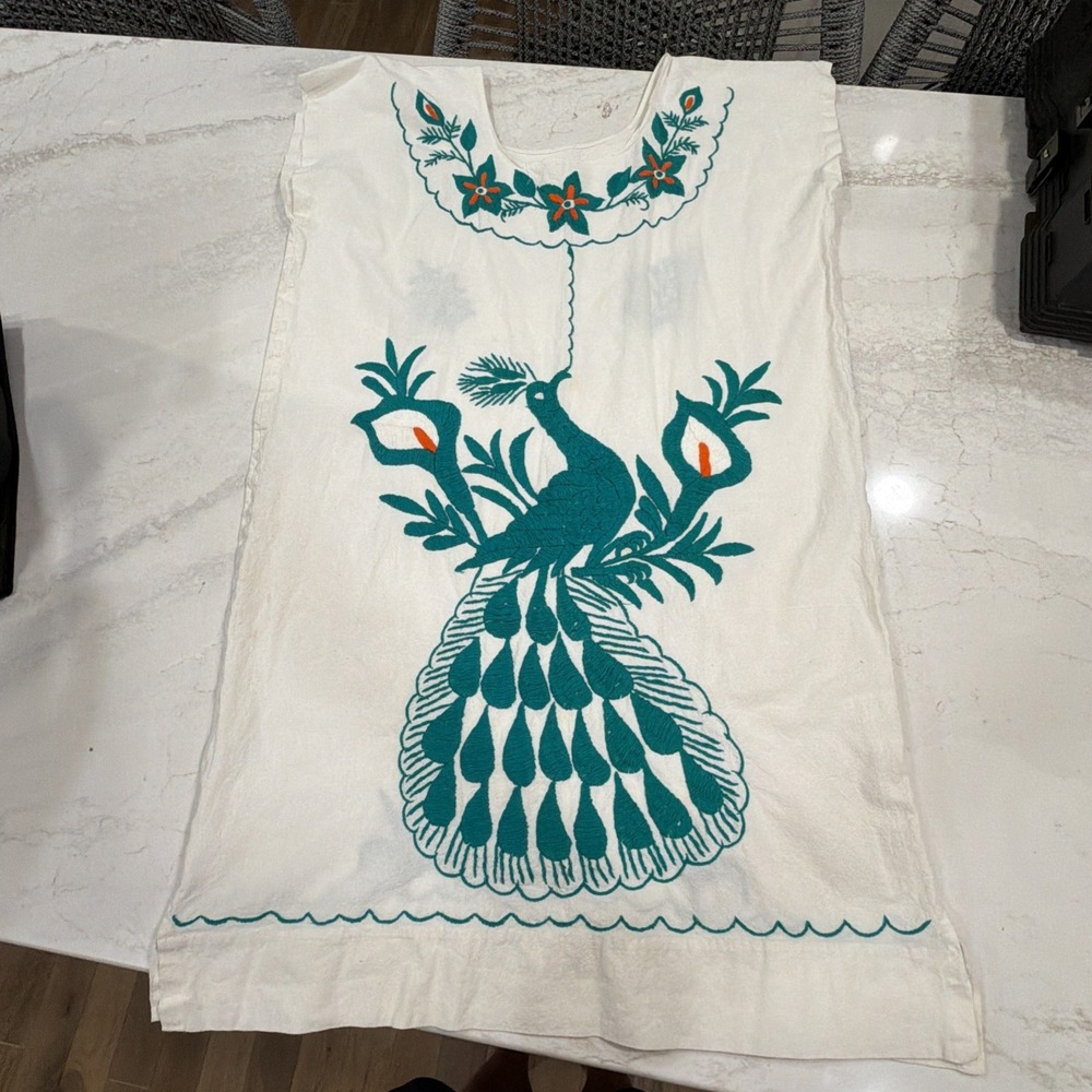 Vtg Hand Embroidered Mexican Huipil Peacock Dress White Cotton Oaxaca Folk Art